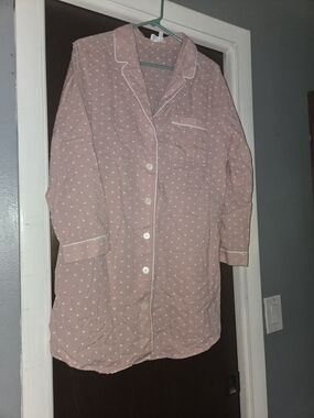 Women's Blush Polka Dot Long Button-Front Nightshirt with White Piping